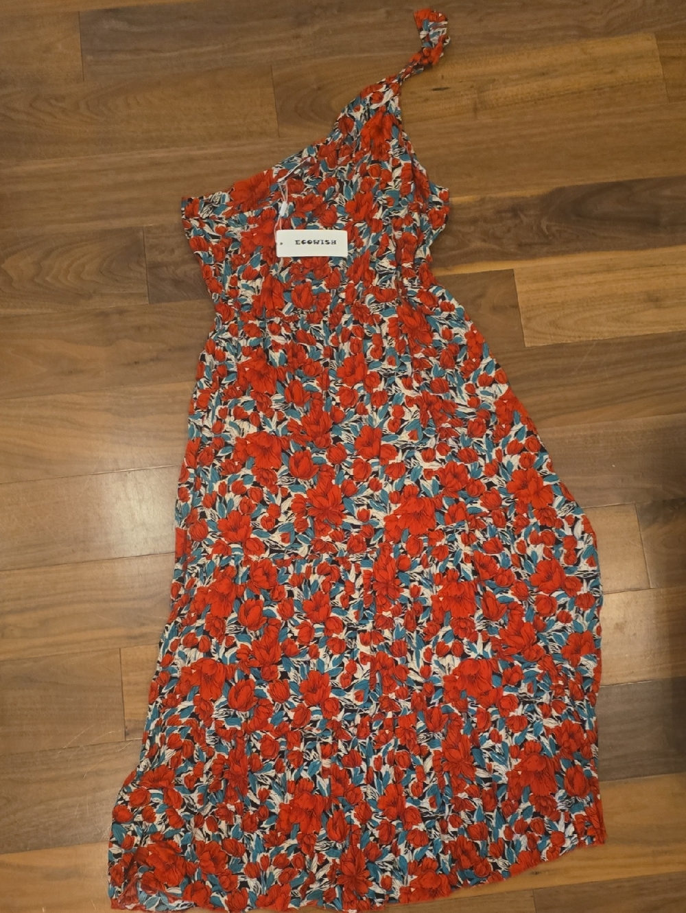 One-Shoulder Red Floral Maxi Dress by ECOSUSI